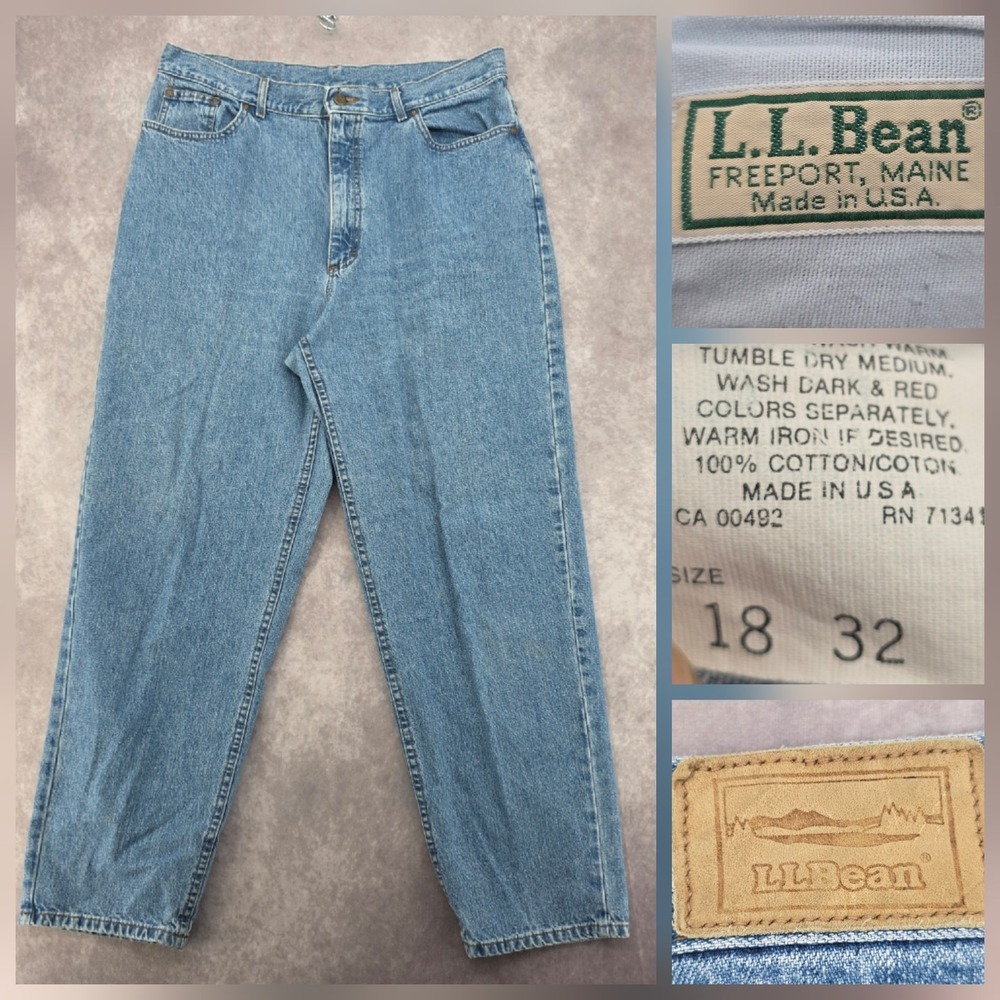 Vintage LL Bean Jeans Womens 18 32 High Rise Relaxed Tapered Blue Denim Made USA